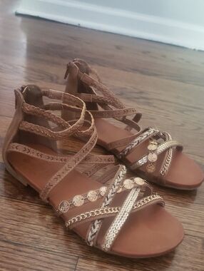 Singapore Tan Strappy Gladiator Sandals with Gold Accents